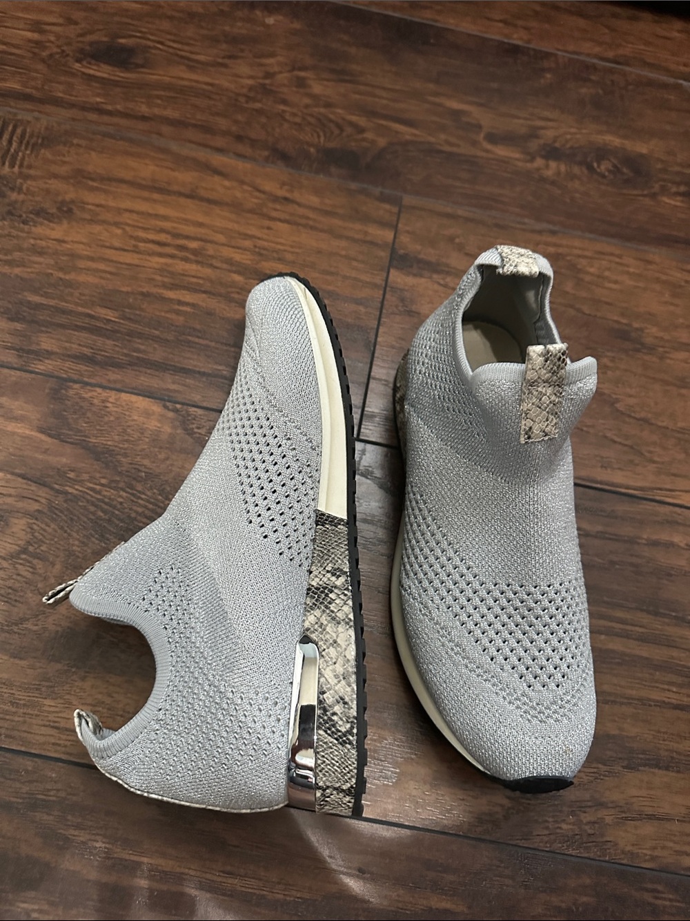 J Slides Light Gray Knit Slip-On Sneakers with Snake-Print Heel